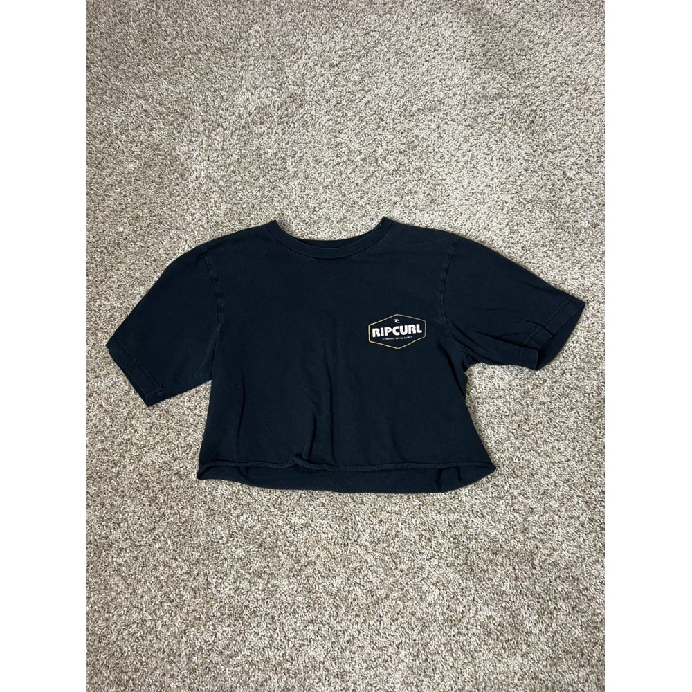 Rip Curl Womens Black Graphic Short Sleeve Raw Hem Crop Top Tee